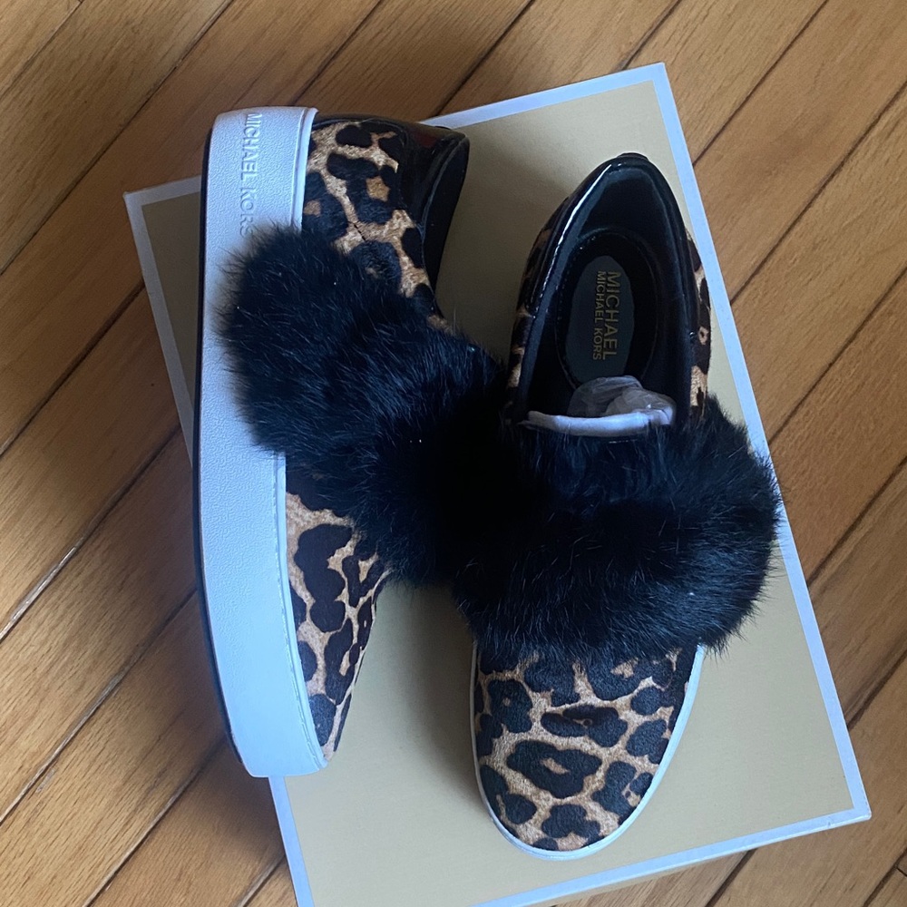 Michael Kors Animal Print Sneakers with Black Fur